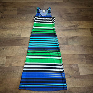 Women's Pink Rose Maxi Dress Size M Blue Green Striped Sleeveless